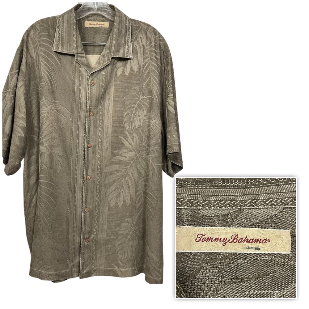 Tommy Bahama Hawaiian Camp Shirt Mens Large 100 Silk 3D Knit Palm Leaves Gray XL